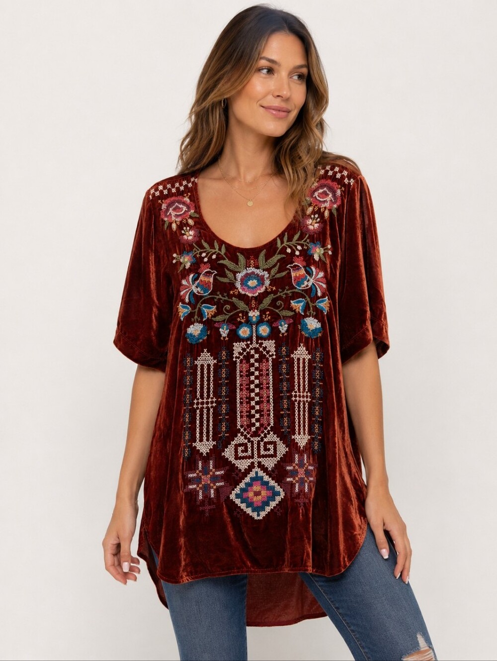 Johnny Was JWLA Embroidered Velvet Tunic Top Rust Burnt Orange Boho M